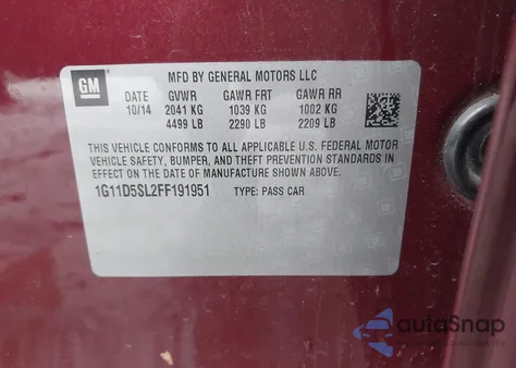 2015 Chevrolet Malibu 2Lt из США, поврежденный, VIN 1G11D5SL2FF191951